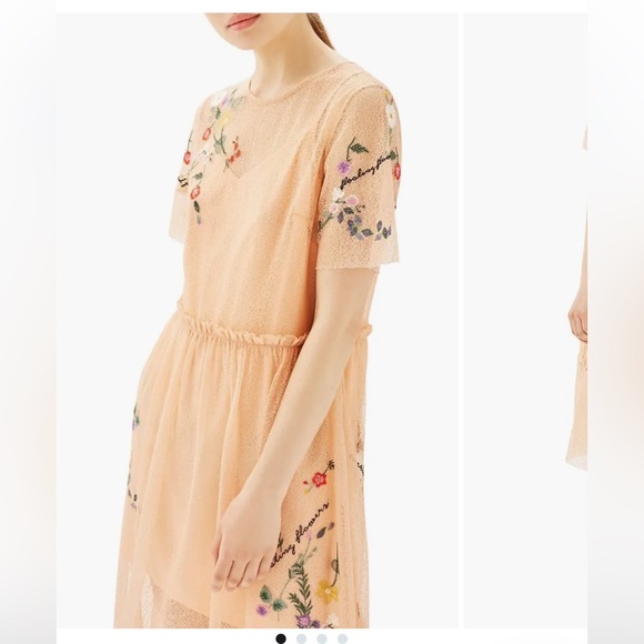 TOPSHOP Women’s Embroidered Mesh Floral Peach Short Sleeve Midi Dress Size 4 - Picture 3 of 17